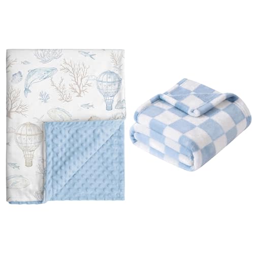Soft Throw Blanket for Baby - Ultra Cozy Fluffy Checkered Fleece, Crib & Stroller Receiving Blanket for Newborn Infant Toddler Boys (Sea Life/Checkered)