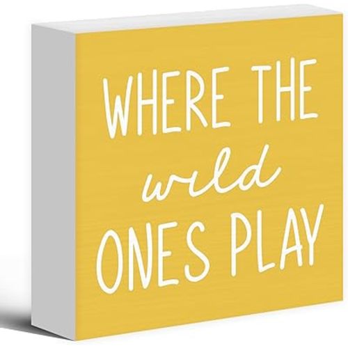 Where The Wild Ones Play Yellow Wood Box Sign Desk Decor 5X5, Nursery Kids Room Wooden Block Sign Decorations for Playroom Toddler Boys Girls Room Wall Tabletop Shelf Decor