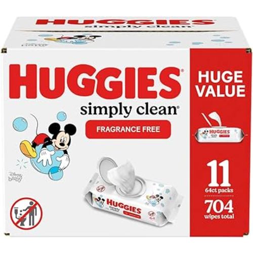 Huggies Simply Clean Fragrance-Free Baby Wipes, Unscented Diaper Wipes, 11 Flip-Top Packs (704 Wipes Total)