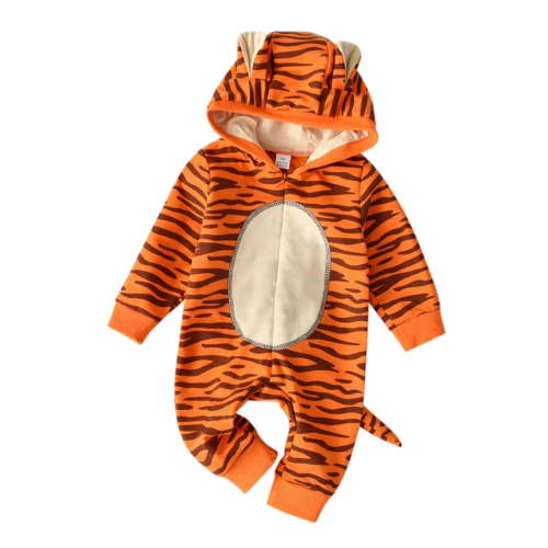 Tisuna Newborn Girls Boys Romper Cartoon Tiger Print Long Sleeve Hooded Jumpsuit Fashion Cute Autumn Winter Kids Bodysuit Orange Size 3-6 Months