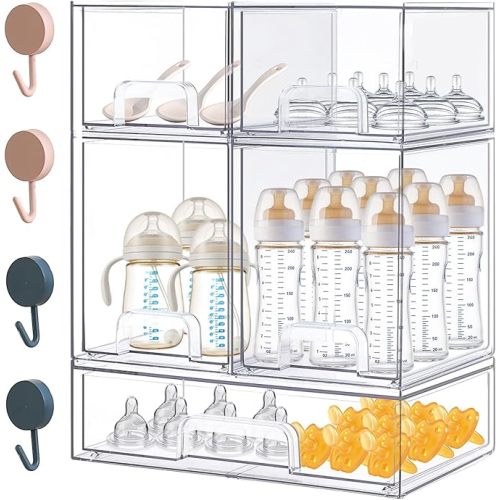 Baby Bottle Organizer-4 Pack Stackable Storage Drawers, Baby Organizers and Storage with Hooks, Clear Acrylic Multipurpose Bottle Storage for Countertop,Kitchen,Cabinet,Vanity,Bathroom