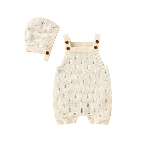 LAWKUL Baby Knit Romper Sleeveless 100% Cotton Jumpsuit with Hat Newborn Outfits Overall Bodysuit One Piece 2pcs
