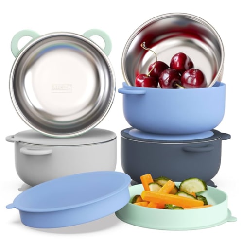 Baby Suction Bowls with Lids 4-Pack, 2-in-1 Stainless Steel 304 Toddler Bowl & Removable Silicone Suction Kids Bowl Plate Set Non Toxic Snack Dishes for Self-Feeding, Ocean Explorer Set