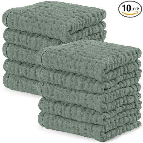 Comfy Cubs Muslin Baby Washcloths 10 Pk - Cotton Wash Cloths - Fern