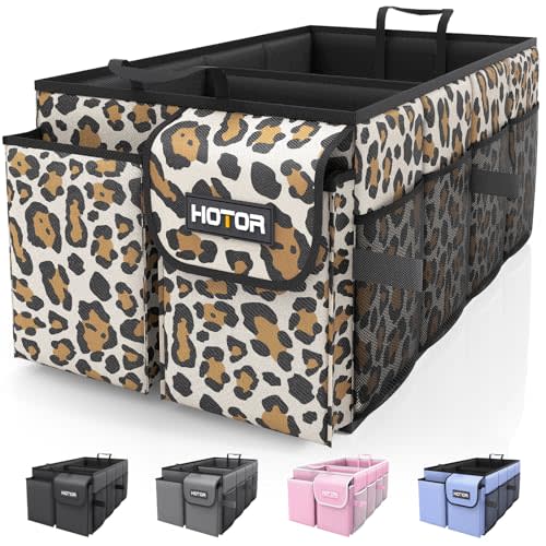 HOTOR Trunk Organizer - Foldable Car Organizer for SUVs & Sedans Storage | Sturdy Car Organization for Men & Women, Car Accessories, Tools, Sundries, Leopard, 2 Compartments, 21.3" x 12.6" x 10.6"