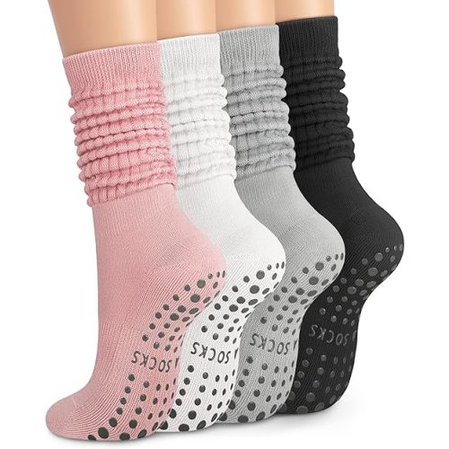 YSense 4 Pairs Pilates Socks with Grips for Women Non Slip Long Slouch Socks Yoga Grippy Sock Slouchy Barre Hospital Slipper