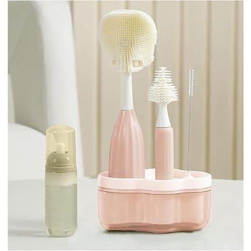 Baby Bottle Brush Kit with Push-Press Bubble and Drying Rack for Bottle Cleaning, Bendable Bottle Cleaner Brush for Baby Bottles, Breast Pumps, Nipples, Straws and More. Perfect for Home&Travel (Pink)
