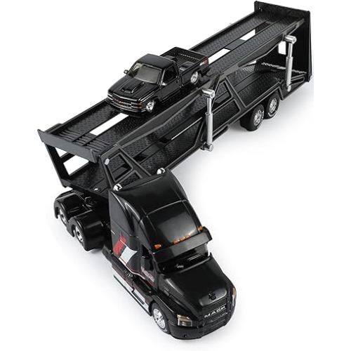 Semi Truck Trailer with Car Model Kit for MAX and Chevrolet, 1/65 Metal Auto Transporter Long Haul Carrier Diecast Truck Toys Gifts for Boys Adult Collector -Black