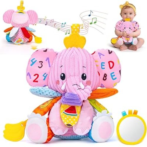 Baby Girl Toys 0-6 6-12 Months, Sensory Musical Toddler Toy for 3 4 5 6 7 8 9+ Months, Pink Elephant Plush Infant Toy with Teether, Crinkle, Rattle Baby Mirror for Tummy Time Newborn