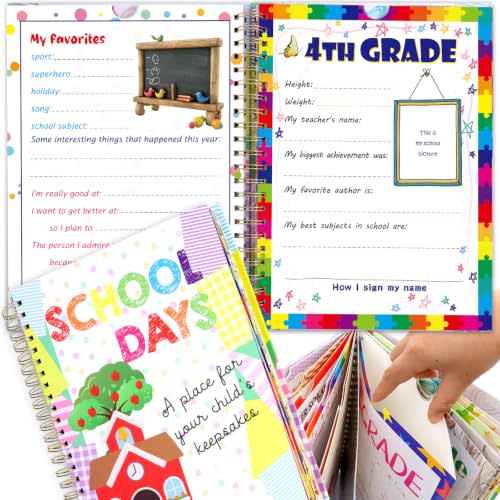 Fancy Land School Memory Book Prek-12 School Keepsake Book for Kids | First and Last Day of School, School Days Memory Book, School Photo Hardcover Album, 14 Pockets, Back to School Gifts, White