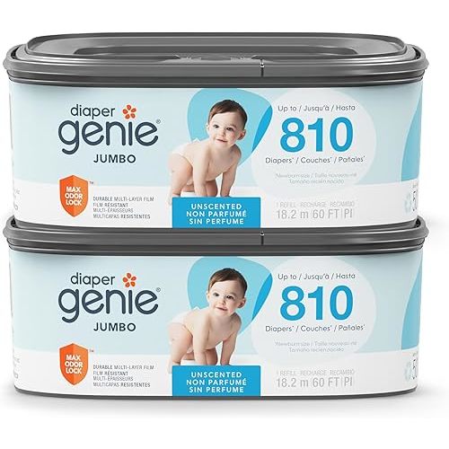 Diaper Genie Pails Diaper Genie Refill, Jumbo Square | Continuous Film | Holds 810 Newborn Diapers | Pack of 2 | Odor-Locking Barrier Technology | Compatible with Select, Premier, Classic & Compact