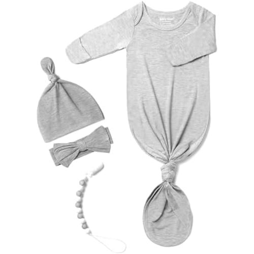 Newborn Baby Knotted Gown, Super Soft Silky Infant Long Sleeve Sleeper with Mittens and Hat & Bowknot Set (Extra Long)