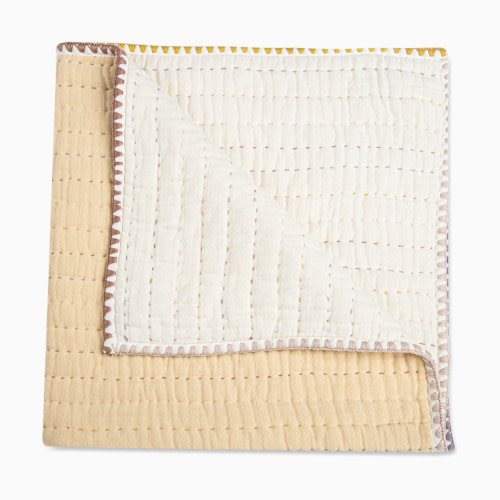 Crane Baby Cotton Muslin Kantha Baby Quilt - Cream And Natural