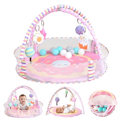 4-in-1 Baby Play Mat & Baby Play Gym,Baby Girl Play Mat Activity Gym, Pink Donut Tummy Time Mat for Babies and Toddlers, Infant Activity Center for Newborn to Develop Motor Cognition
