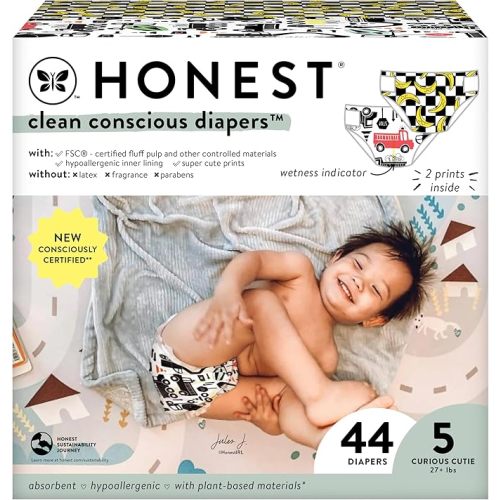 The Honest Company Clean Conscious Diapers for Sensitive Skin | Hypoallergenic, Fragrance Free | Gender Neutral Prints | Club Box, Size 5 (27+ lbs), 44 Count