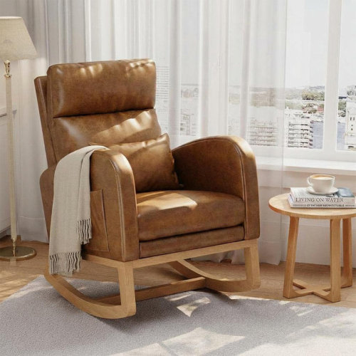 George Oliver PU Leather Rocking Chair without Footrest, Modern Nursery Glider with Side Pockets & Pillow, Wooden Rocker for Living Room, Bedroom, Nursing Room | Wayfair
