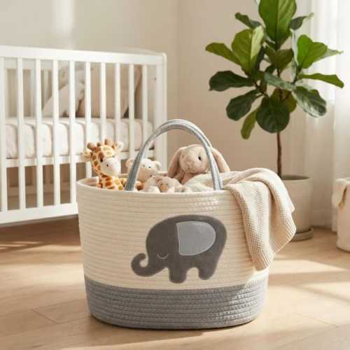 Cotton Rope Baby Basket – Elephant Nursery Storage Bin