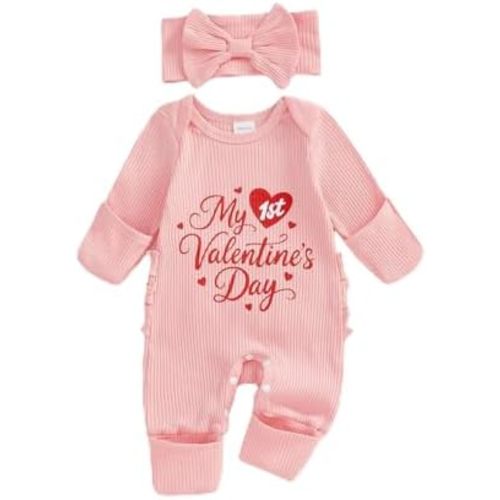 My First Valentines Day Baby Girl Outfit Newborn 1st Valentines Romper Ribbed Jumpsuit Cute Infant Spring Clothes