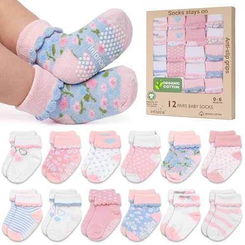 Organic Cotton GOTS Certified Baby Socks For Girls 12 Pairs – Soft And Comfortable Baby Girl Socks 0-6 Months, Adorable Sock Shoes For Baby Girl, Gift For Newborns
