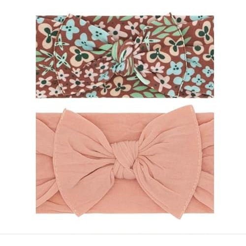 Baby Bling Bows - Newborn to Little Baby Girl Bows, 2PK PRINT SOLID KNOTS Nylon Super Soft Stretchy Toddler Headbands, Perfect Hair Accessories Head Bands for Infant Kids (Spice Floral & Rose Gold)