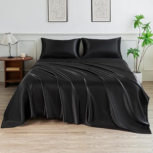 Satin Sheets Full Size Bed Set,Similar to Silk Sheets,4Pcs Luxury Satin Sheet Set with 15 Inches Deep Pocket (Full, Black)