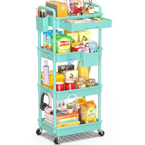 SUNALLY 4 Tier Rolling Utility Cart with Drawer, Storage Organizer Cart with 2 Lockable Wheels, Multifunctional Rolling Storage Cart for Bathroom, Kitchen, Craft, Makeup, Baby Essentials, Blue