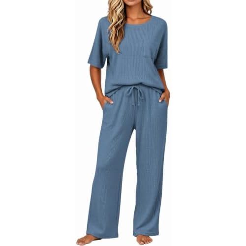 JiniGolla Womens Pajama Sets Waffle Knit Short Sleeve Shirt with Long Pajama Pants Soft Sleepwear Pj Lounge Sets