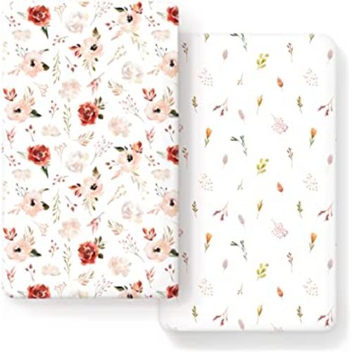 GRSSDER Ultra Soft Jersey Knit Fitted Crib Sheets 2 Pack, Universal Fit Crib Mattress Pads Snug and Safe, Breathable Crib Mattress Sheet for Baby Girls, Pretty Watercolor Pink Rose Flora