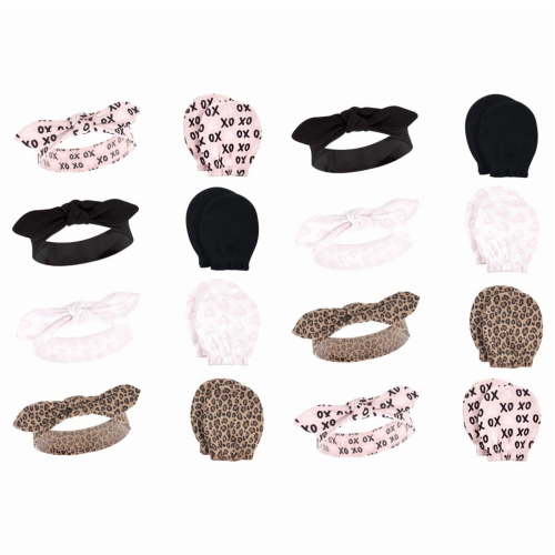 Hudson Baby Infant Girl 16Pc Headband and Scratch Mitten Set, Black Xoxo, 0-6 Months
