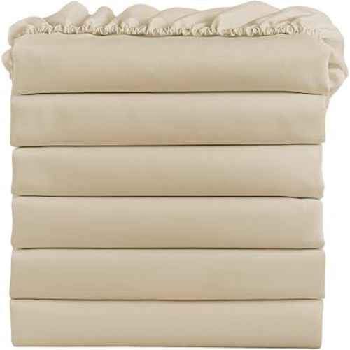 Twin Fitted Sheets, Bulk Pack of 6, Deep Pocket, Soft Microfiber Bottom Sheets for Home, Salons, Hotels, Twin Size Fitted Sheets Only (Beige)