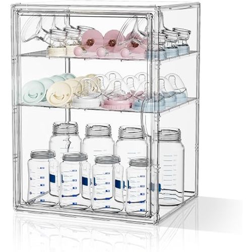 MSHOMEY Baby Bottle Storage Organizer for Countertop Cabinet 4 Tiers Clear Plastic Bottle Station Organizer with 3 Adjustable Divider, Large Baby Bottles Holder Rack for Rings, Nipples, Pump Parts
