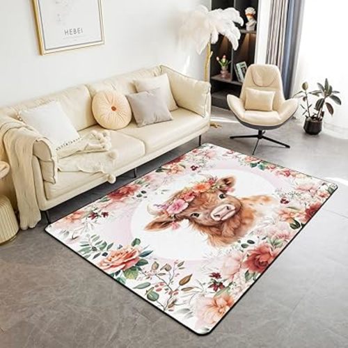 Feelyou Cute Highland Cow Area Rug 5x7 Kids Cartoon Animal Decorative Rug for Boys Girls Teens Flower Floral Print Living Room Rugs Farm Zoo Garden Theme Indoor Floor Mat Room Decor