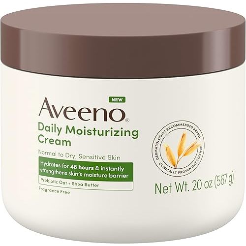 Aveeno Daily Moisturizing Cream with Prebiotic Oat & Shea Butter for Body, Face & Hands Moisturizer Cream, Hydrates Normal to Dry, Sensitive Skin, Fragrance Free, Non-Comedogenic, 20 oz