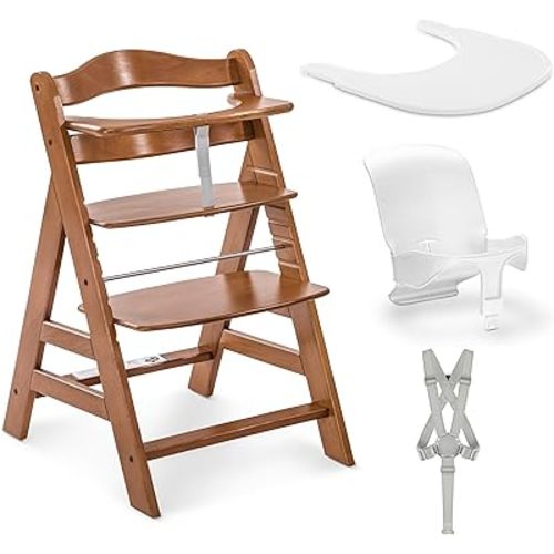 hauck Silla alta de madera ajustable para bebés y niños pequeños, incluye inserto para bebé, bandeja y arnés de seguridad, crece con niños de hasta 198 libras, nogal
