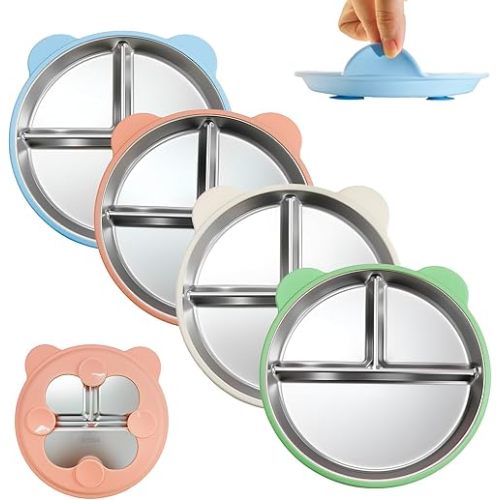 4 Pack Stainless Steel Toddler Plates with Suction - 9" Kids Divided Plates Removable Silicone Sleeves for Baby Led Weaning, Bear Ear Design Non Slip BPA-Free Dishwasher Safe