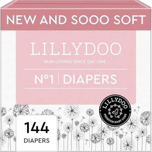 LILLYDOO Baby Diapers - Size 1 (4-11 lbs), Monthly Supply (144 Count), Leak Protection, Skin-Friendly, Ultrasoft, Perfume- & Chlorine-Free, Hypoallergenic, Dermatologist Tested, Oeko-TEX®