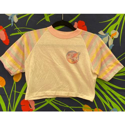 vintage single stitch crop top T-shirt from 70s or 80s with Pegasus unicorn rainbow pastel palette