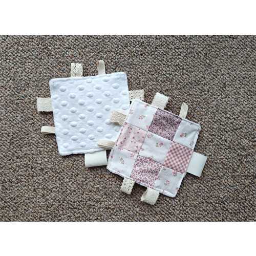 Baby Crinkle Tag Toy, Pink Patchwork Sensory Square, Girl Baby Shower Gift