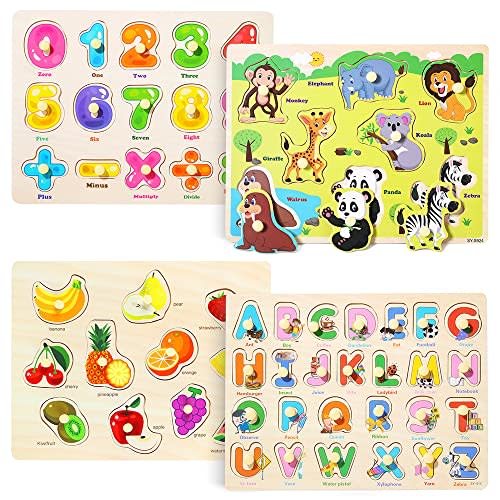GRINNNIE Wooden Peg Puzzle for Toddlers 3 4 5 Years Old, 4 PCS Montessori Educational Learning Puzzles Set-Numbers, Letters, Animals and Fruits, Great Preschool Gifts for Girls and Boys