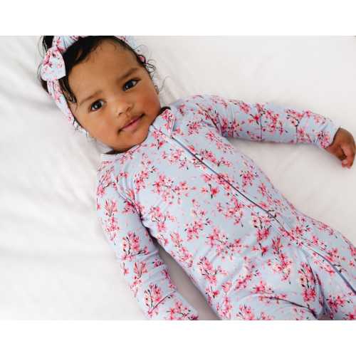 CHERRY BLOSSOM Bamboo Baby Pajamas, Pink Bamboo Baby Sleeper, Spring Flower Bamboo Baby Zip, Zippered Baby Romper, Cute Baby Girl Floral Pjs