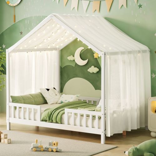 Full Size Montessori Floor Bed with Canopy, House Shape Toddler Bed Frame with Guardrails, Wood Kids Bed, White - ModernLuxe