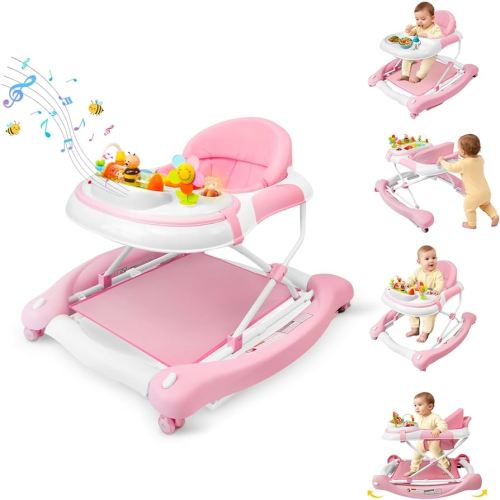 5 in 1 Baby Walker, Music and Lights Walker for Baby Boy Girls 6-12 Months, Foldable Baby Walkers with Wheels and Bouncer Combo Portable, Toddler Infant Walker with Adjustable Height