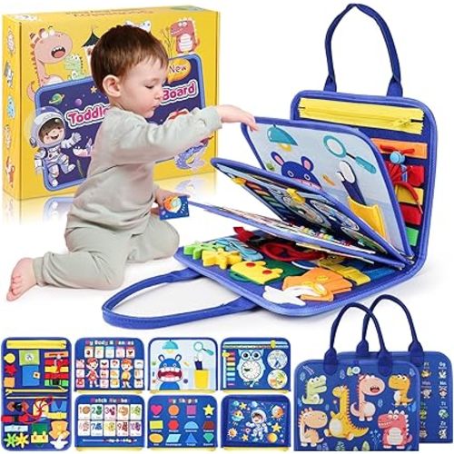 Montessori Busy Board Boy, Toddler Toys for 1 2 3+ Year Old Boy, Toddler Busy Book Educational Learning Sensory Activity Toys for Road Airplane Travel for Kids with Autism