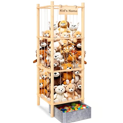 Stuffed Animal Storage with Toys Tray, 57In Large Wooden Stuffy Plushies Storage Holder Extra Large Capacity Stuffed Animals Zoo Organizer for Toddler Rooms, Playrooms & Bedrooms