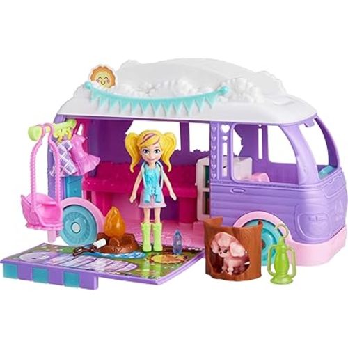 Polly Pocket Doll & Pet Playset, Travel Toy with Camping & Food Accessories, Glamping Camper Van