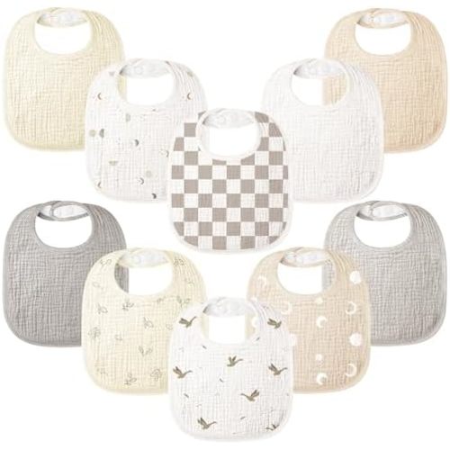 Bearmoss 100% Cotton 10 Pack Muslin Baby Bibs for Drooling and Teething