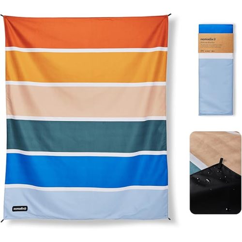 Nomadix Festival Blanket - Perfect for Picnics, Camping, & Lawn Seating - Plush Top & Water Resistant Base - Made with Post Consumer Recycled Materials - Stripes Retro - 60:x 72"
