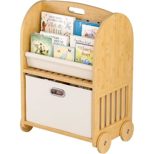 2-Sided, 3-Tier Bamboo Kids Bookshelf, Montessori Shelf with Safe Wheels and Large Storage Drawer, Toddler Bookcase Nursery Book Shelves and Toy Storage for Baby Rooms Playroom Kindergarten