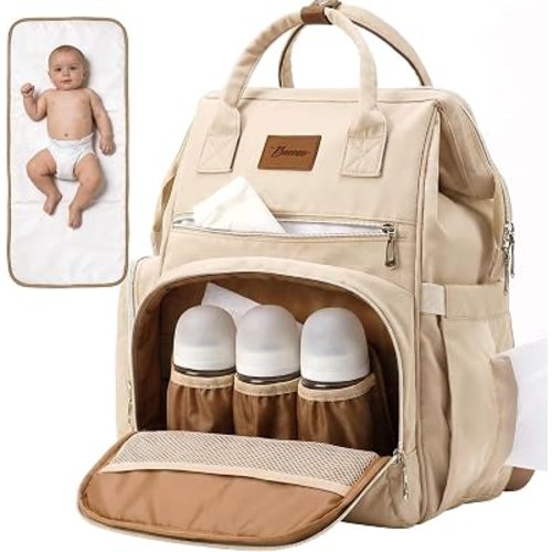 Diaper Bag Backpack with Wet/Dry Pocket, Changing Pad, 27L Beige