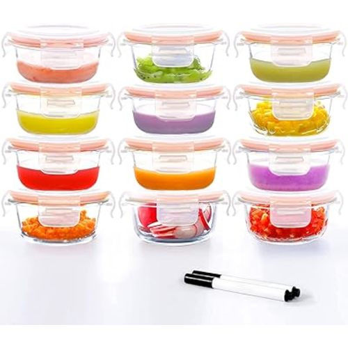 Luvan 7oz Glass Baby Food Containers, 12 Pack with Leakproof Lids, Stackable, Freezer Safe, Baby Bullet Containers for Fruit Purees and Vegetable Mashes